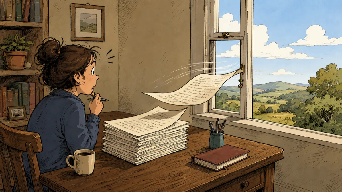 A writer watches as a single page lifts from a neatly stacked manuscript and blows out through a slightly open window, illustrating how a brief window of vulnerability can put valuable work at risk.