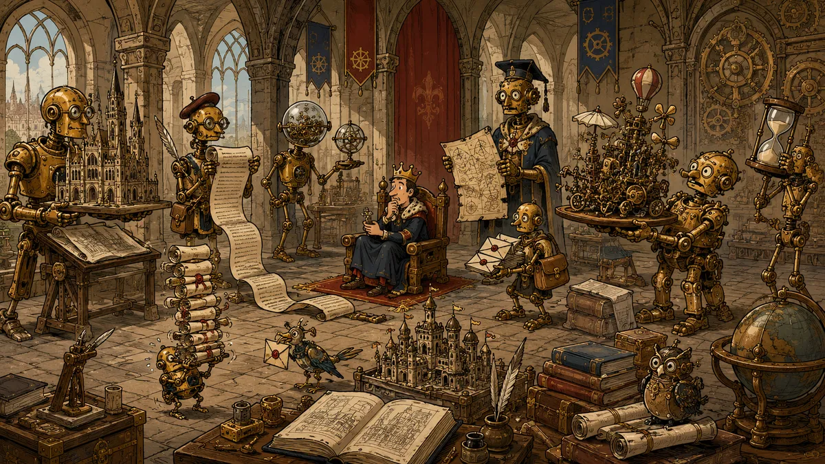 A thoughtful ruler considers a small decision while an entire court of ingenious clockwork advisors waits patiently among completed inventions, scrolls, and architectural models.
