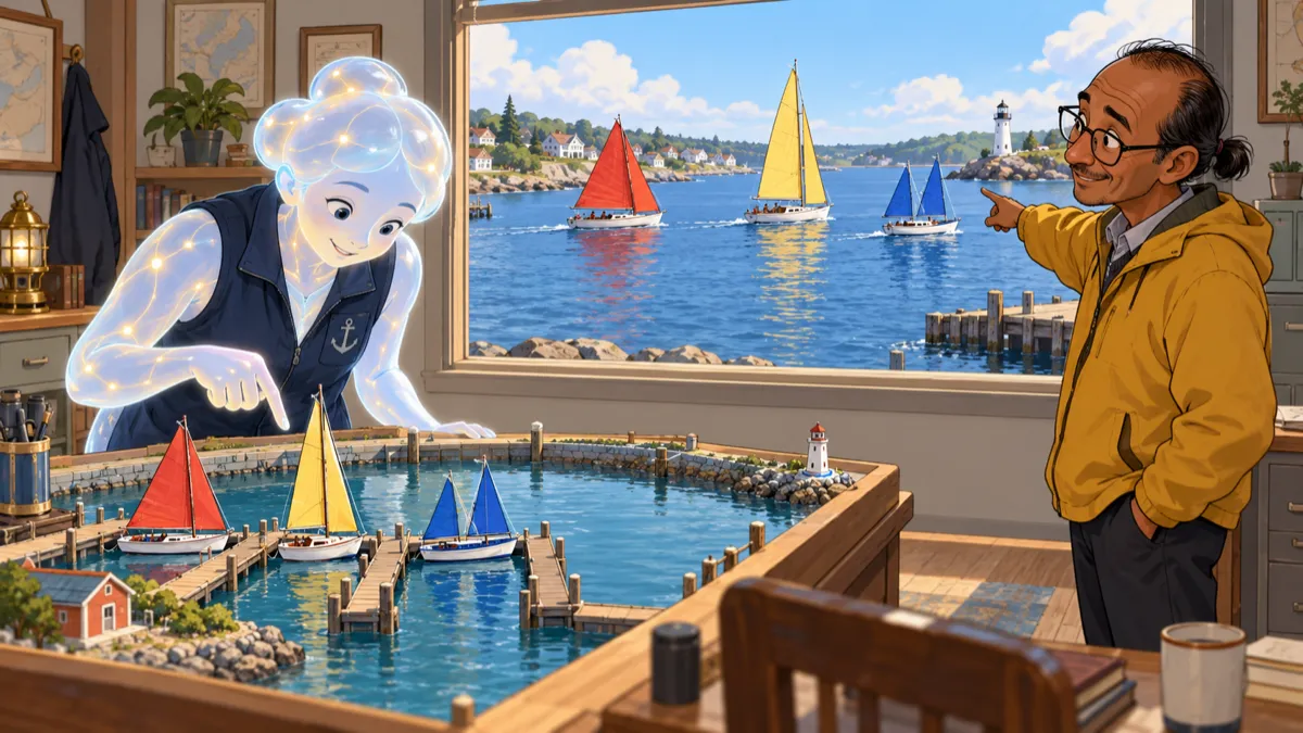 A luminous harbor attendant counts docked boats in a miniature harbor while a human points out the window, where their full-size counterparts are already sailing.