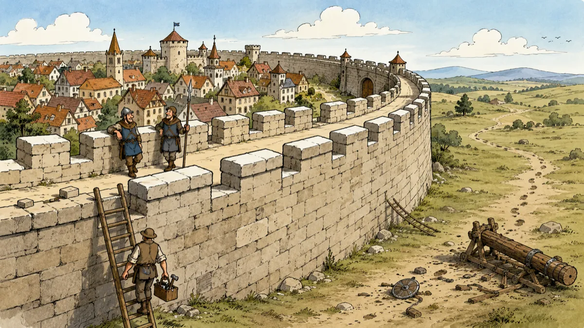 A newly completed medieval city wall encircles a peaceful town as relaxed watchmen patrol above and a mason carries away his tools, illustrating how careful design can replace constant vigilance.