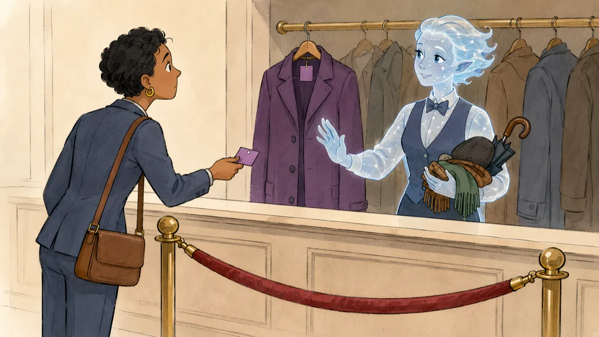At a coat check, a puzzled customer presents the claim ticket for her visible purple coat while a well-meaning translucent attendant keeps her behind a velvet rope.