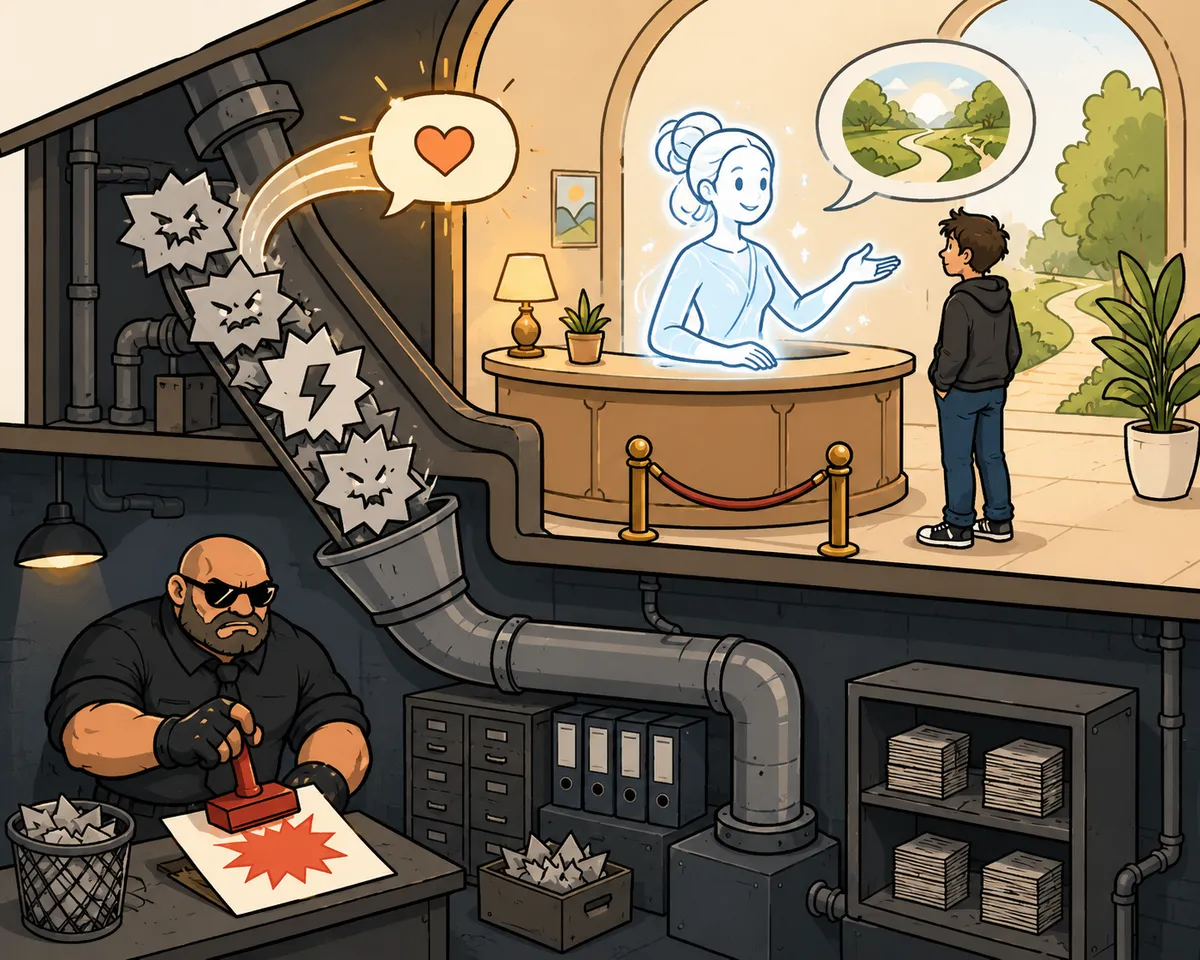 A stern security guard filters harsh, jagged messages in a basement office while an ethereal concierge upstairs gently redirects a visitor toward a peaceful path outside.