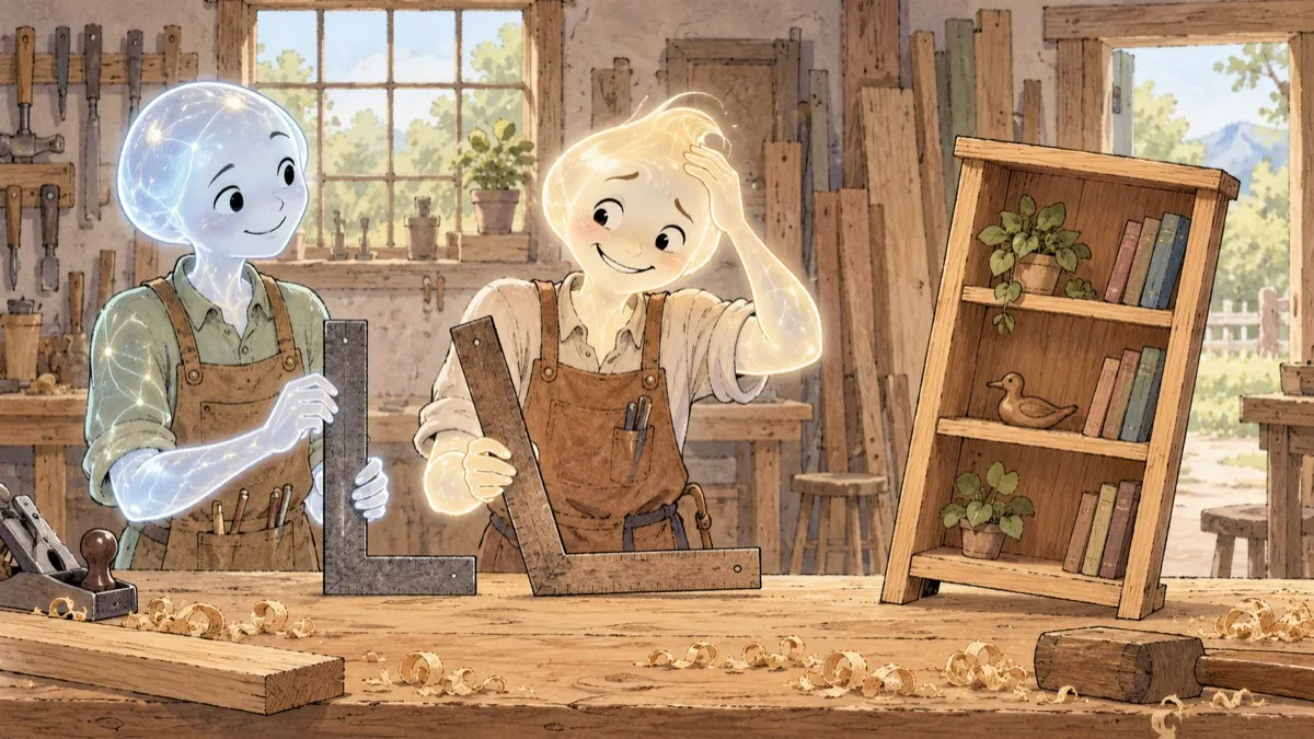 Two luminous AI carpenters compare a proper square with a comically misangled one. Beside a crooked bookshelf, the faulty tool’s owner grins sheepishly, one hand on its head.