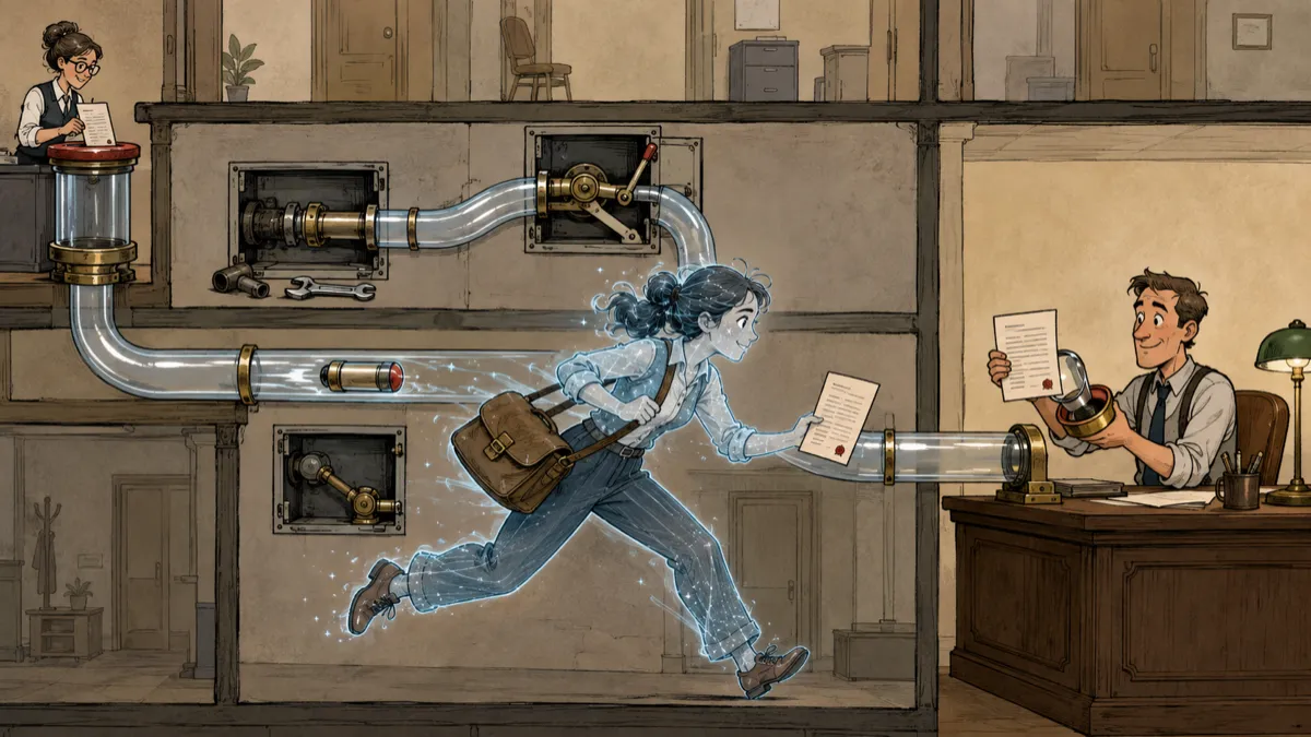 A translucent AI messenger races alongside a pneumatic tube, comparing her copy with the document a recipient has pulled from the arriving capsule after several routing mechanisms were repaired.