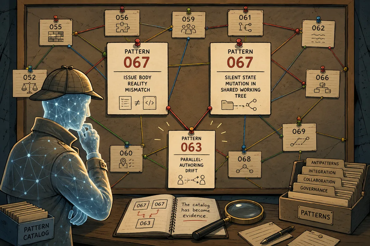 A glowing AI pattern detective studies a case board where two identical Pattern 067 cards point back to Pattern 063, revealing that the pattern catalog has become evidence of its own parallel-authoring drift.
