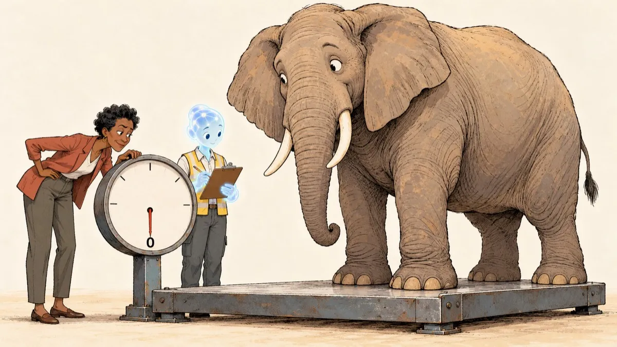 An elephant stands on a scale reading zero while a luminous AI assistant records the result and a skeptical human leans in to inspect the dial.