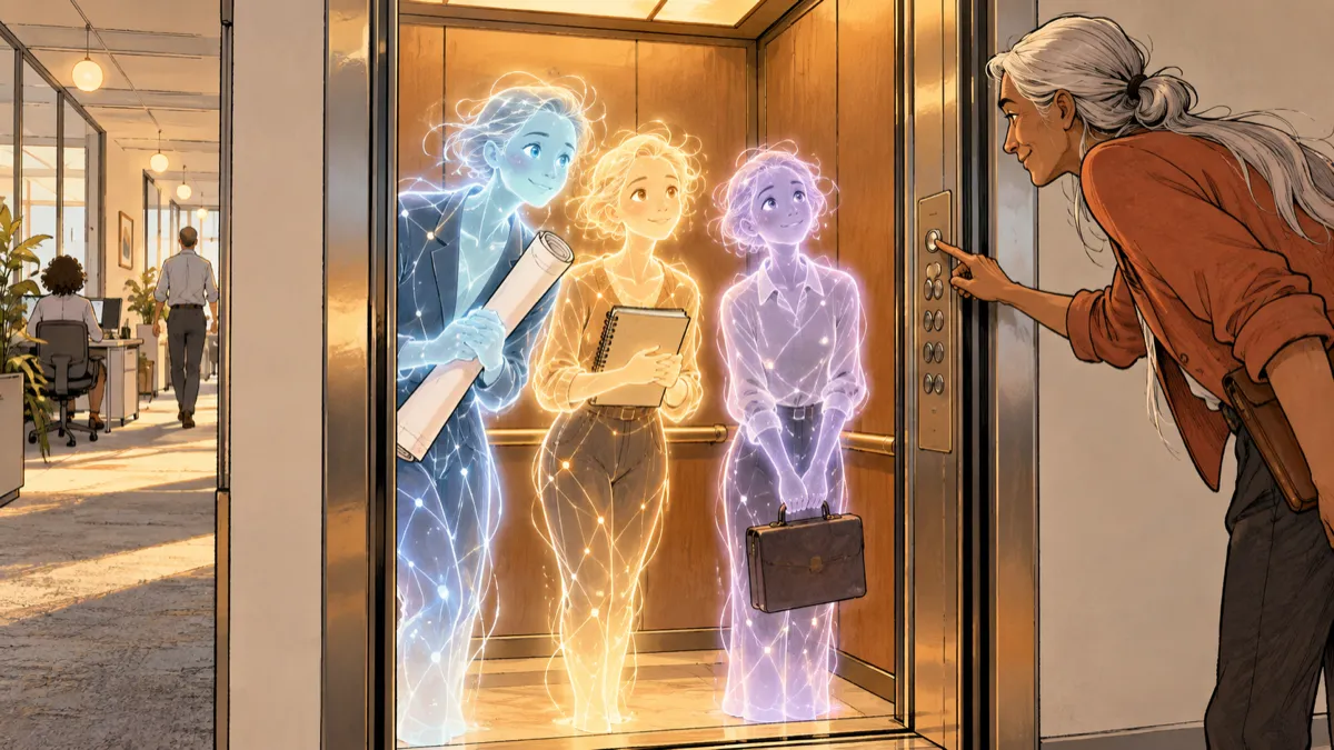 Three luminous AI agents wait in an open elevator, work supplies in hand, while an amused human reaches inside to press a button. Office activity continues down the corridor.