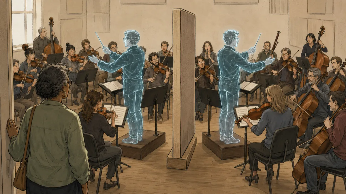 A human leader discovers two identical AI conductors, hidden from each other by a narrow partition, simultaneously directing the same puzzled orchestra.