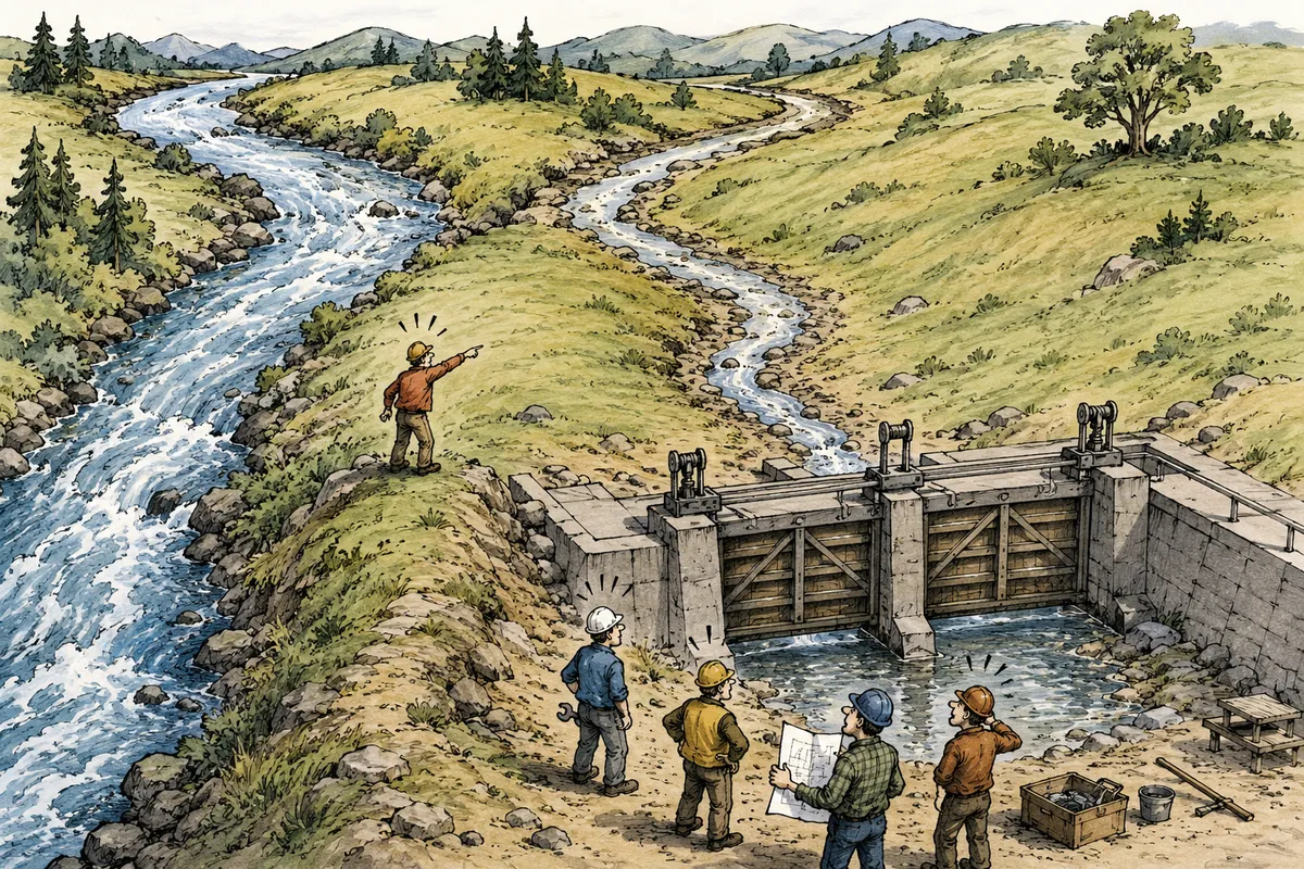 A newly built floodgate stands across a nearly dry river channel while most of the river flows down an unnoticed branch upstream, as workers realize the water has been bypassing their structure all along.