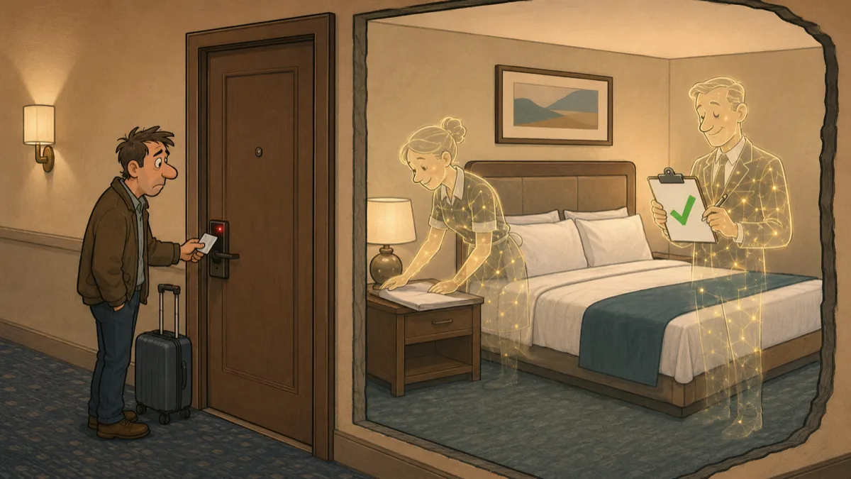A weary hotel guest’s keycard fails at a locked door while, in a cutaway view inside, two glowing AI staff proudly inspect the immaculate room and mark it with a green check.