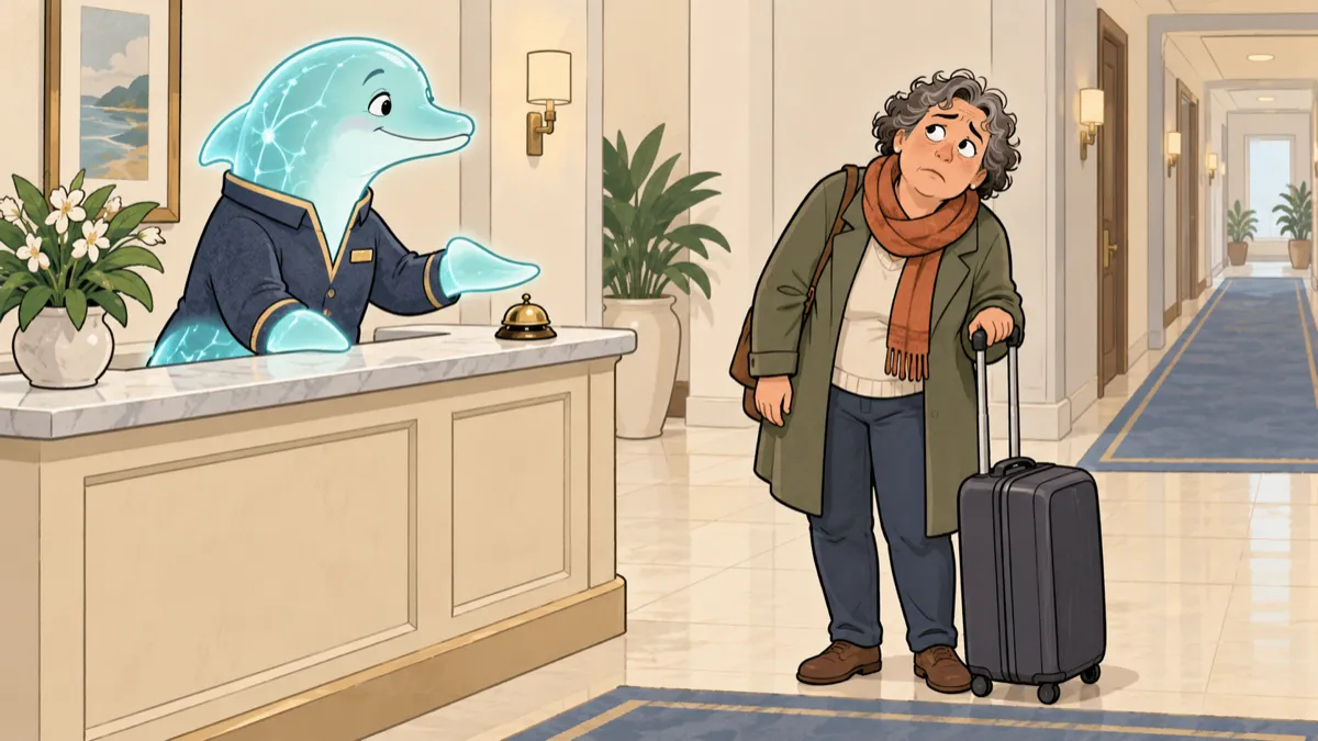 A smiling, translucent dolphin concierge gestures toward a service bell while a weary hotel guest slumps beside her suitcase, waiting for the welcome to end.