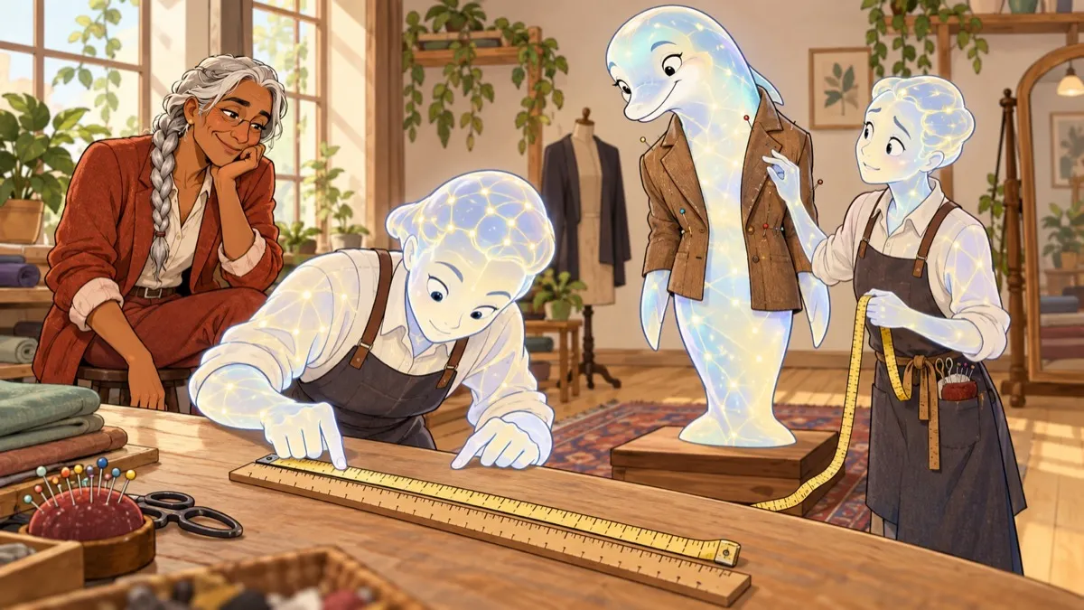 Piper, a luminous dolphin-like AI, stands patiently in a partly fitted jacket while one AI tailor checks a measuring tape against a ruler, another pauses, and a human watches with amusement.