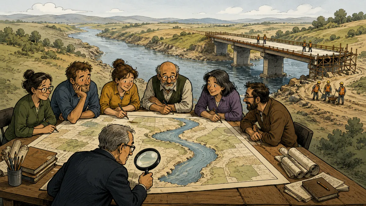A chief and six cartographers scrutinize a detailed map while, behind them, workers finish a large bridge missing entirely from the map.
