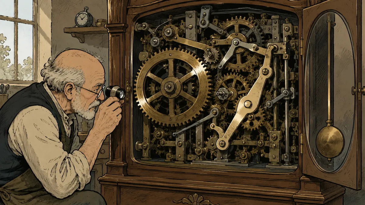 A master clockmaker studies the subtle wear patterns inside a still-running grandfather clock, discovering how the mechanism has truly been working over time.