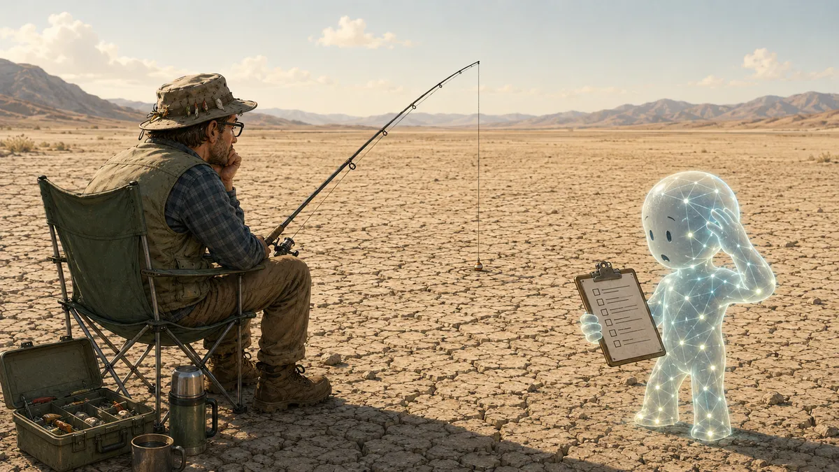 A fisherman sits beside a tackle box and thermos, patiently casting into a vast dry lakebed while a glowing, semi-corporeal AI agent studies a clipboard and looks around in confusion at the complete absence of water.
