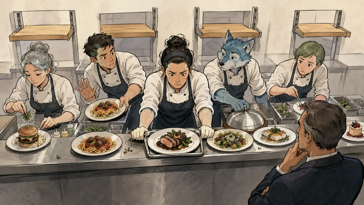 A restaurant manager watches as five careful chefs struggle to keep separate dishes organized on one crowded serving counter, while individual pickup shelves wait unused behind them.